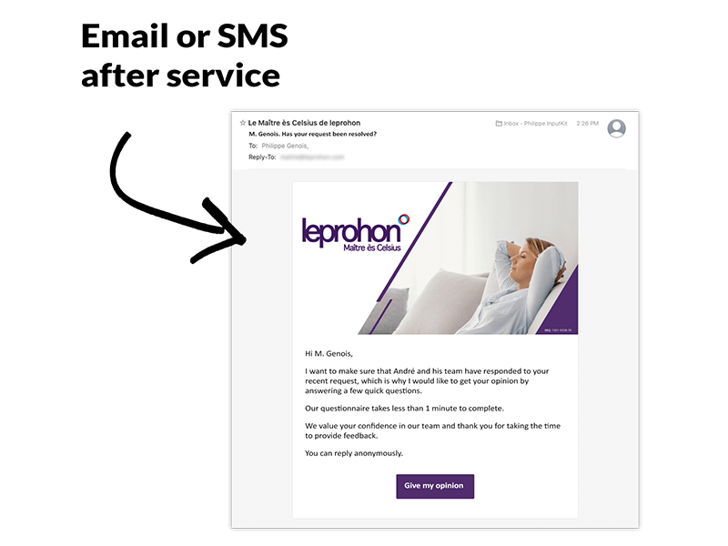 Email or SMS after service — example of a customer follow-up email from InputKit