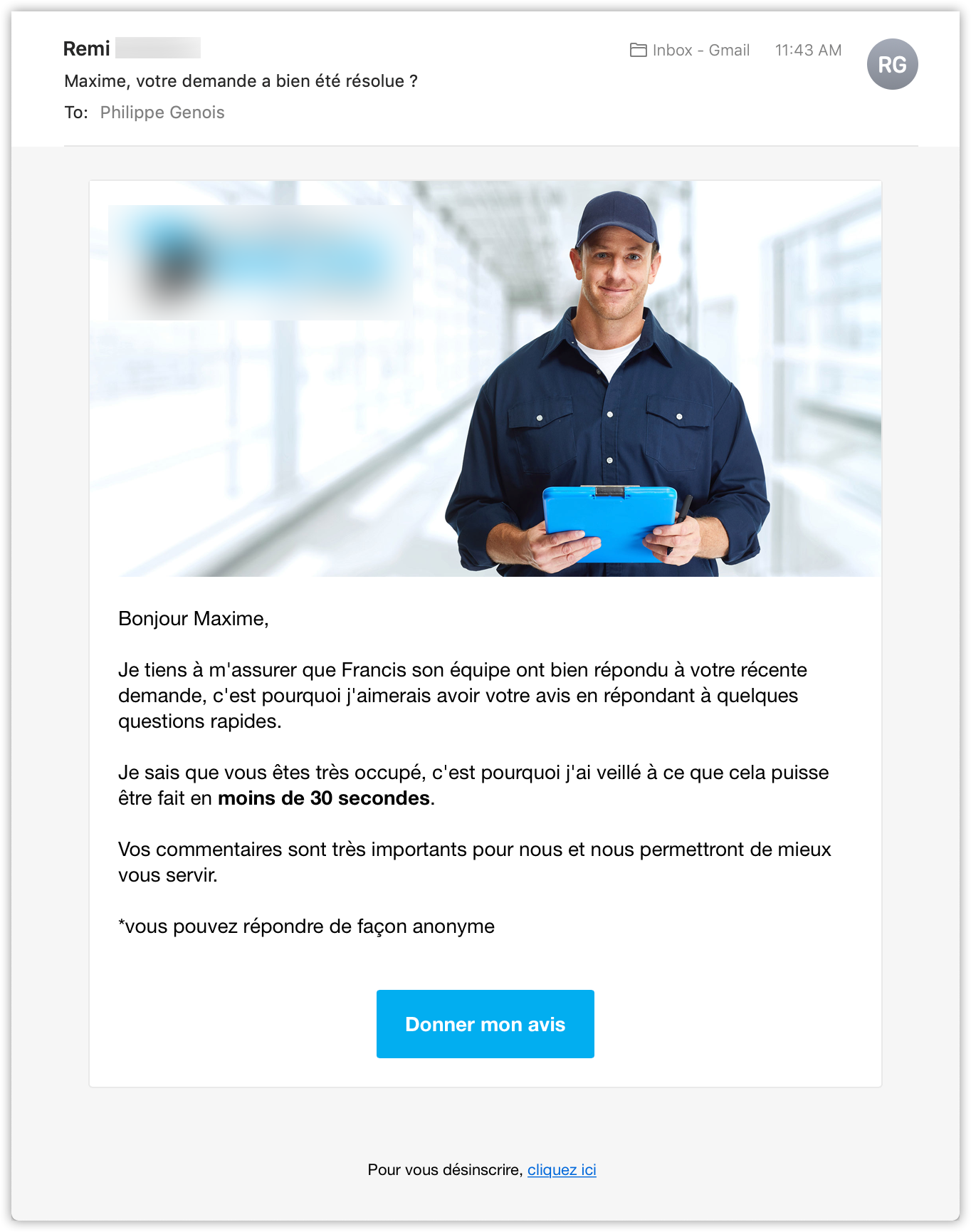 Exemple de courriel pour un sondage de satisfaction client